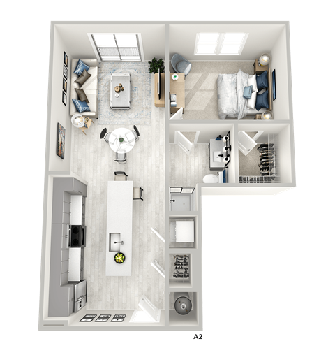Floor plan for 1 bed, 1 bath, 726 sqft